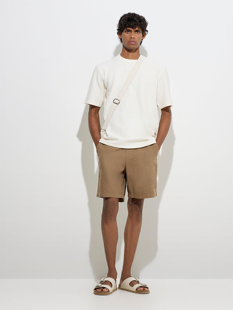 ETA Taupe Solid Relaxed-Fit Mid-Rise Cotton-Blend Shorts