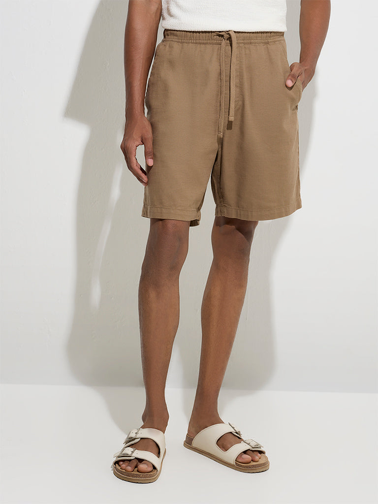 ETA Taupe Solid Relaxed-Fit Mid-Rise Cotton-Blend Shorts - Image 3