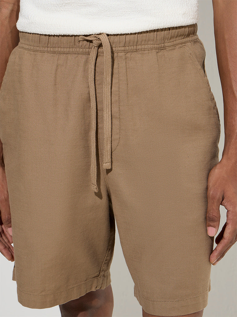 ETA Taupe Solid Relaxed-Fit Mid-Rise Cotton-Blend Shorts - Image 4