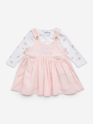HOP Baby Light Pink Embroidered Cotton Pinafore with Top Set