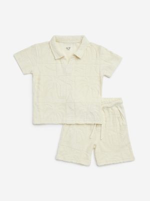 HOP Kids Off-White Self Cotton Polo T-Shirt with Shorts Set