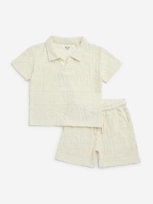 HOP Kids Off-White Self Cotton Polo T-Shirt with Shorts Set