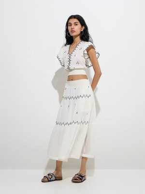 Bombay Paisley Off-White Embroidered Cotton Mid-Rise Skirt