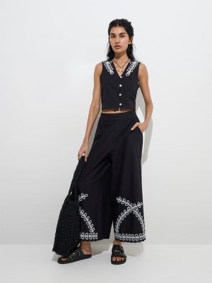 Bombay Paisley Black Botanical Cotton-Blend Pants