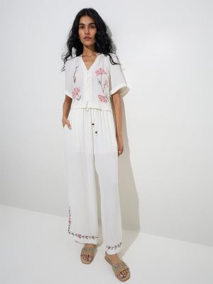 Bombay Paisley Ivory Floral Embroidered High-Rise Pants