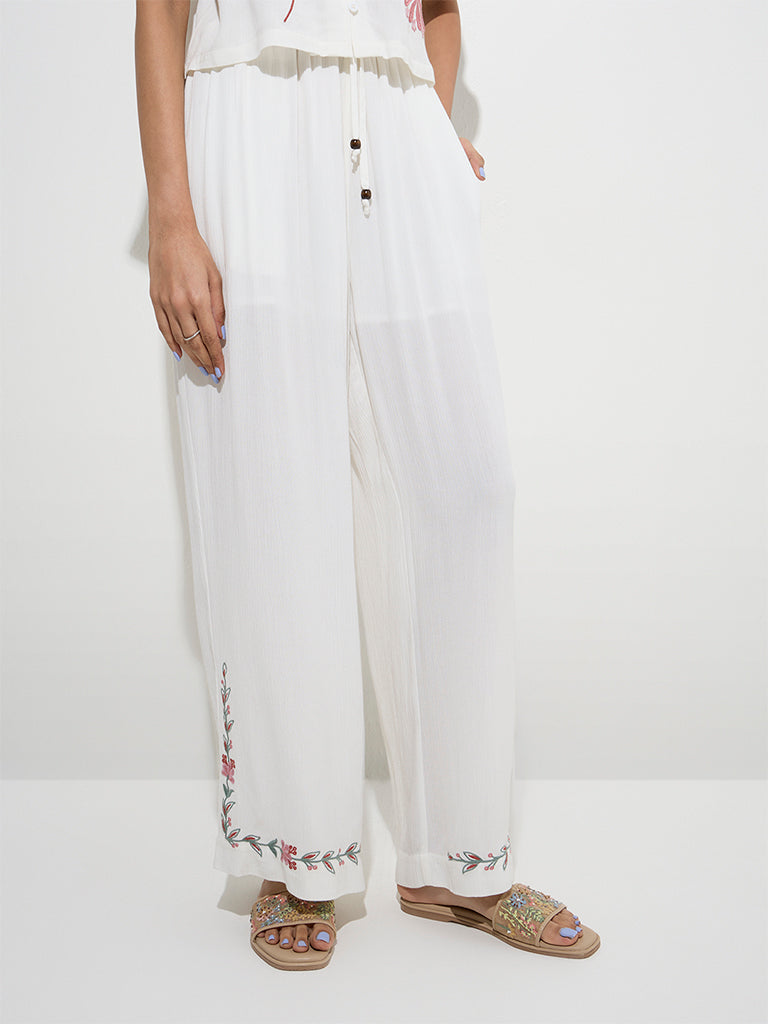 Bombay Paisley Ivory Floral Embroidered High-Rise Pants - Image 3