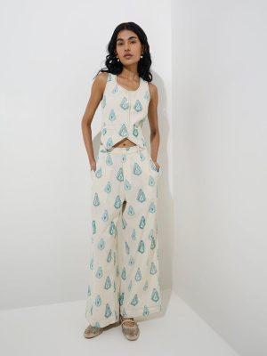 Bombay Paisley Ivory Ikat Printed Cotton-Blend Pants