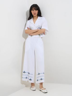 Bombay Paisley Ivory Floral Embroidered Cotton-Blend Pants