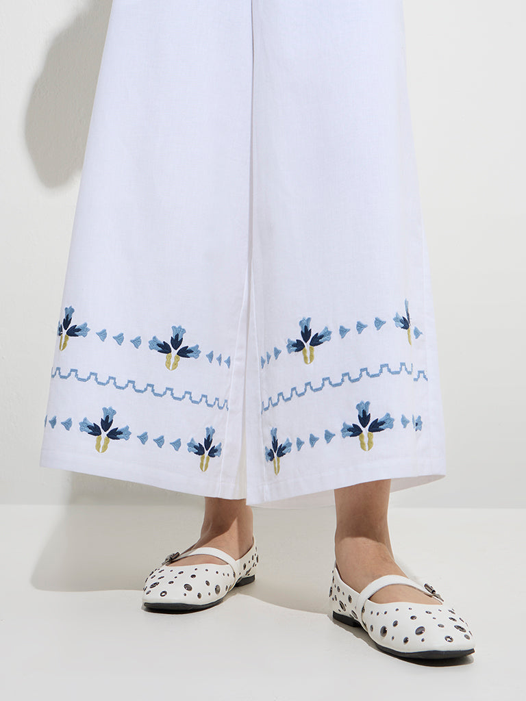 Bombay Paisley Ivory Floral Embroidered Cotton-Blend Pants - Image 2