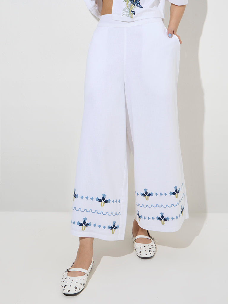 Bombay Paisley Ivory Floral Embroidered Cotton-Blend Pants - Image 3