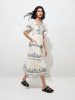 Bombay Paisley Off-White Button-Down Cotton A-Line Dress