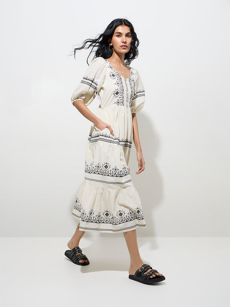 Bombay Paisley Off-White Button-Down Cotton A-Line Dress