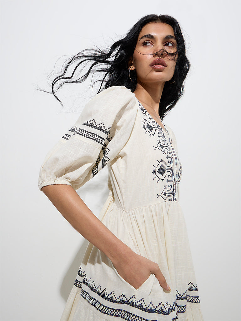 Bombay Paisley Off-White Button-Down Cotton A-Line Dress - Image 2