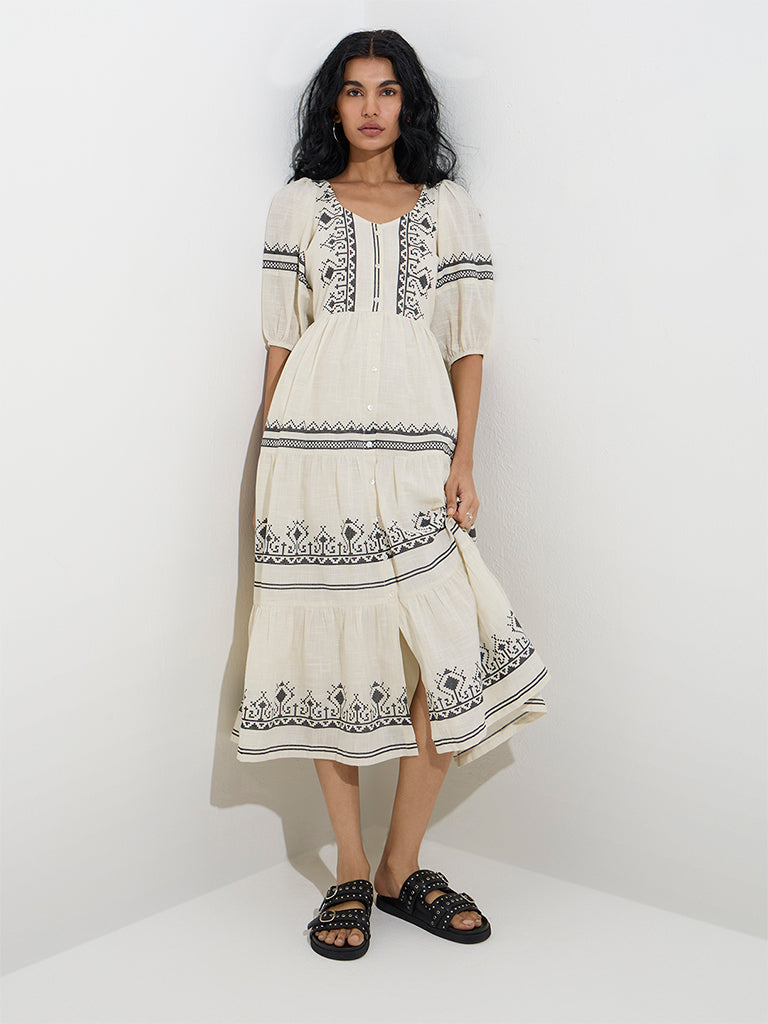 Bombay Paisley Off-White Button-Down Cotton A-Line Dress - Image 3