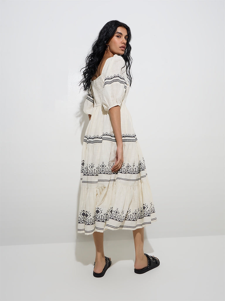 Bombay Paisley Off-White Button-Down Cotton A-Line Dress - Image 4