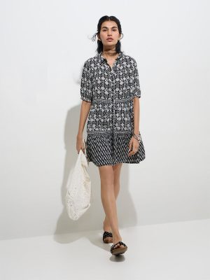 Bombay Paisley Black Paisley Printed Cotton Shirt Dress