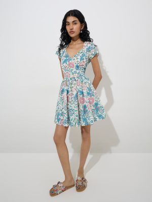 Bombay Paisley Blue Floral Patterned Cotton A-Line Dress