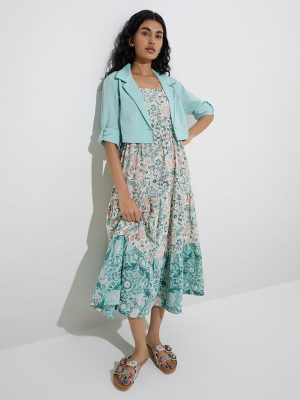 Bombay Paisley Teal Floral Cotton Tiered Dress with Jacket