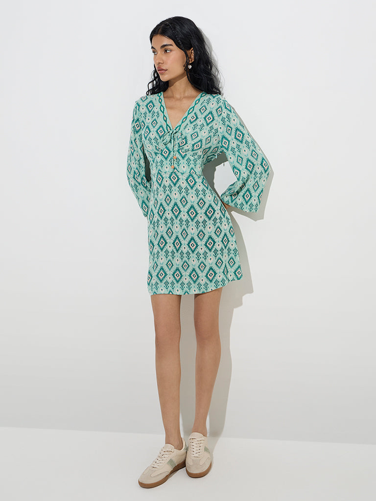 Bombay Paisley Teal Ikat Pattern A-Line Dress