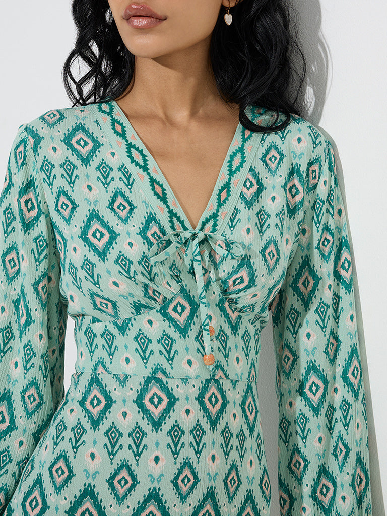 Bombay Paisley Teal Ikat Pattern A-Line Dress - Image 2