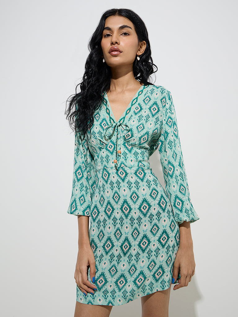 Bombay Paisley Teal Ikat Pattern A-Line Dress - Image 3