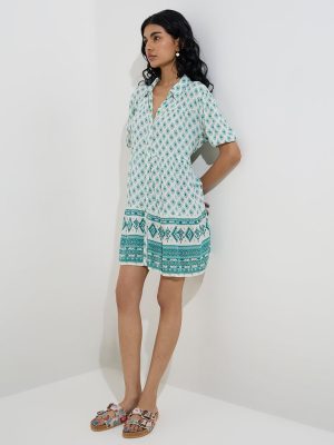 Bombay Paisley Teal Ikat Design Shirt Dress