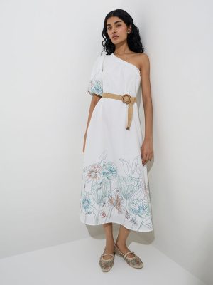 Bombay Paisley White Floral Design Cotton One-Shoulder Dress