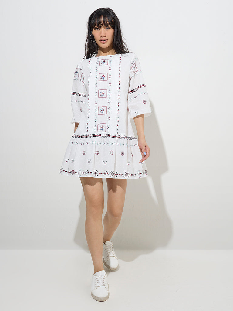 Bombay Paisley White Embroidered Drop-Waist Cotton Dress