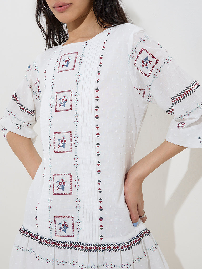 Bombay Paisley White Embroidered Drop-Waist Cotton Dress - Image 2