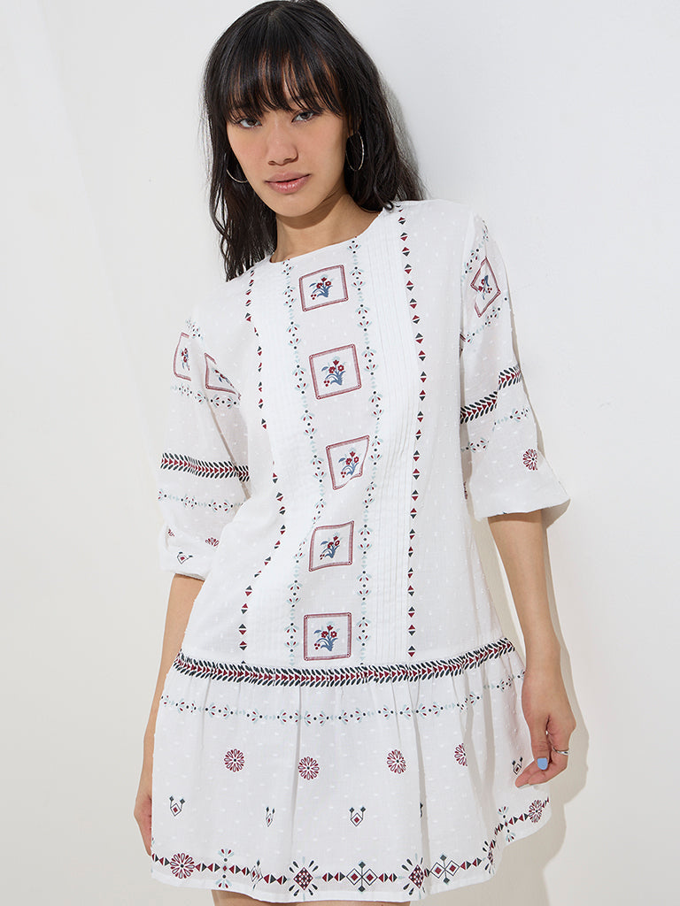 Bombay Paisley White Embroidered Drop-Waist Cotton Dress - Image 3