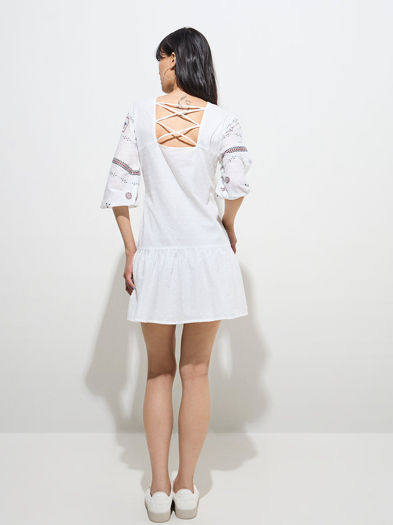 Bombay Paisley White Embroidered Drop-Waist Cotton Dress - Image 4