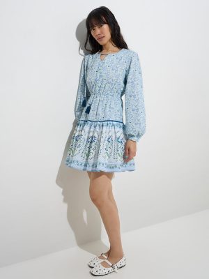 Bombay Paisley Light Blue Floral A-Line Cotton Dress