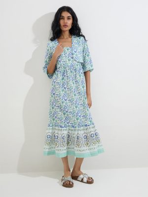 Bombay Paisley Blue Floral Printed Cotton Tiered Dress