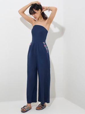 Bombay Paisley Indigo Floral Embroidered Cotton-Blend Jumpsuit