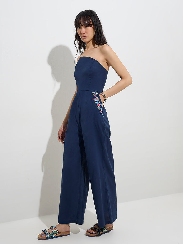 Bombay Paisley Indigo Floral Embroidered Cotton-Blend Jumpsuit - Image 3