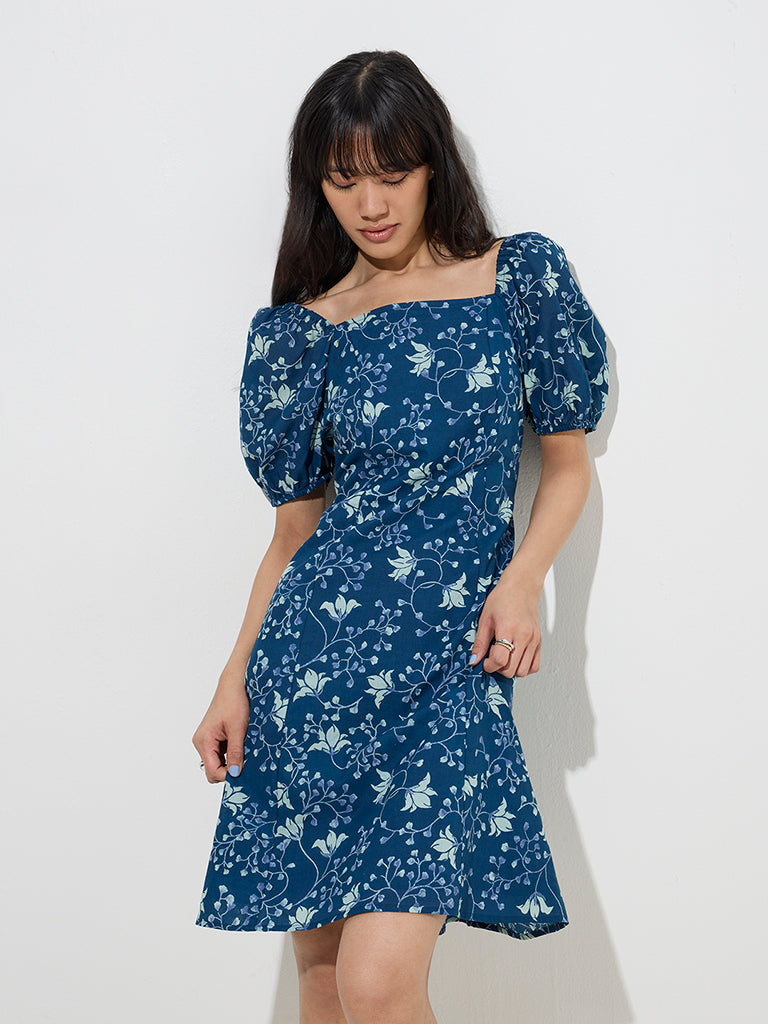 Bombay Paisley Indigo Floral Design A-Line Cotton Dress