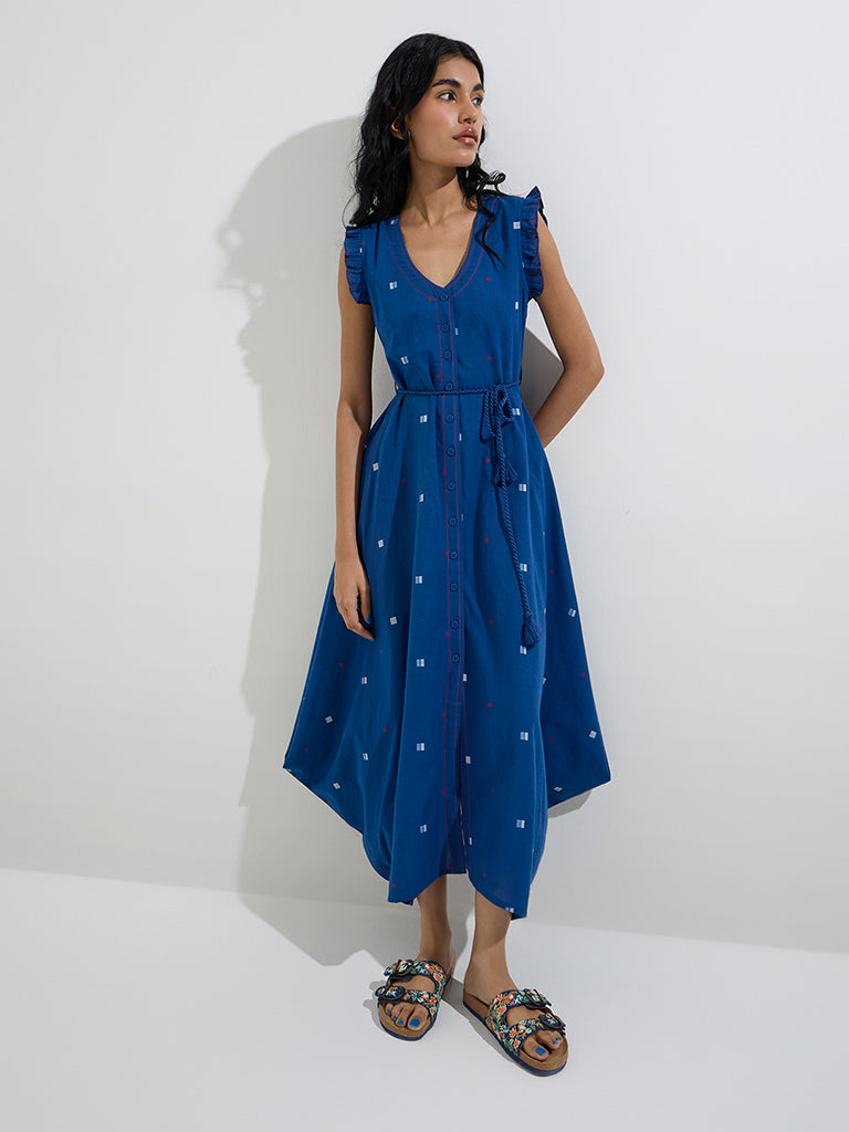 Bombay Paisley Indigo Embroidered Cotton Asymmetric Dress