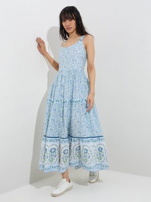 Bombay Paisley Light Blue Floral Design Tiered Cotton Dress