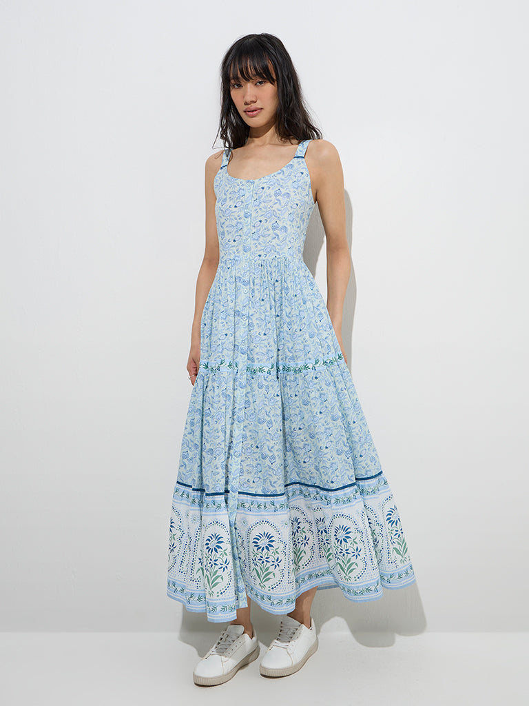 Bombay Paisley Light Blue Floral Design Tiered Cotton Dress - Image 3