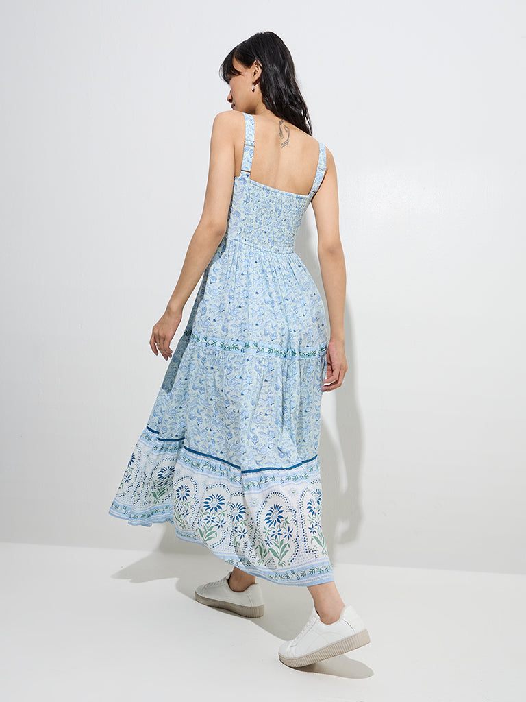 Bombay Paisley Light Blue Floral Design Tiered Cotton Dress - Image 4