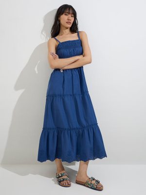 Bombay Paisley Indigo Solid Tiered Cotton Dress