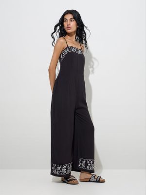Bombay Paisley Black Floral Embroidered Jumpsuit