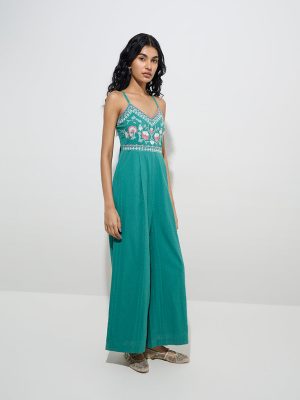 Bombay Paisley Green Floral Embroidered Cotton Jumpsuit