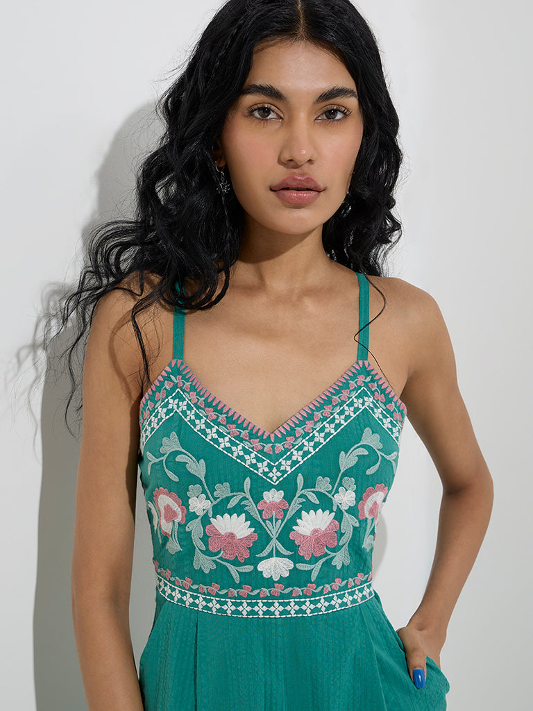 Bombay Paisley Green Floral Embroidered Cotton Jumpsuit - Image 2