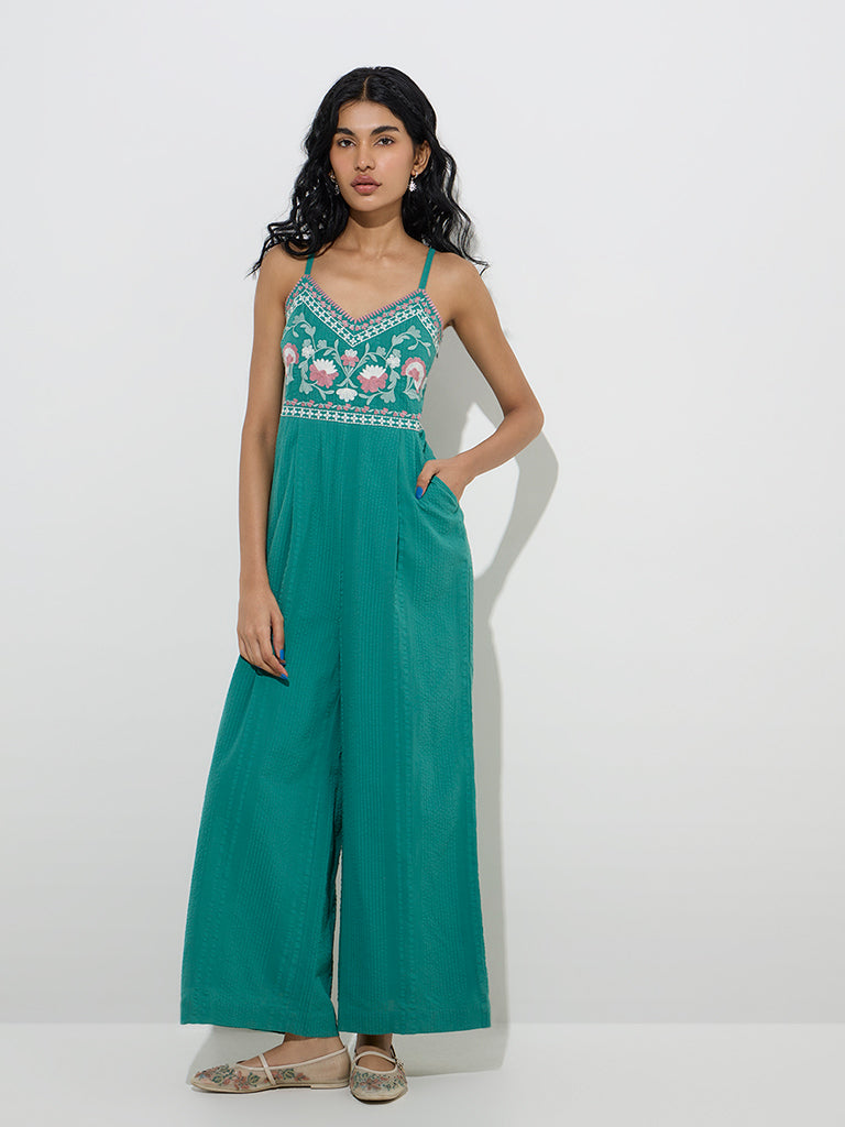 Bombay Paisley Green Floral Embroidered Cotton Jumpsuit - Image 3
