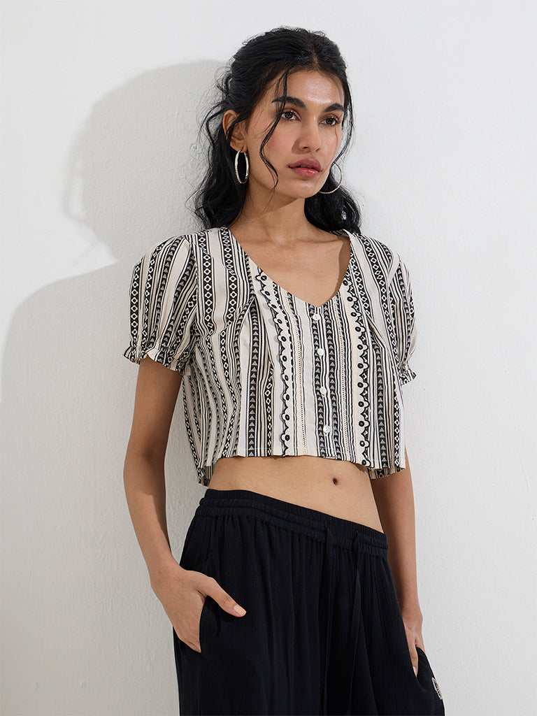 Bombay Paisley Off-White Printed Cotton Crop Top