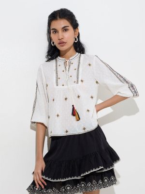Bombay Paisley White Embroidered Cotton Top