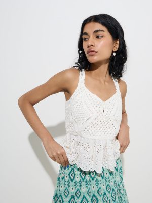 Bombay Paisley Ivory Crochet-Detailed Cotton Peplum Top