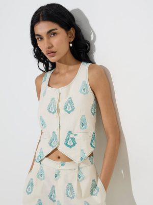Bombay Paisley Ivory Ikat Print Waistcoat-Style Cotton-Blend Top