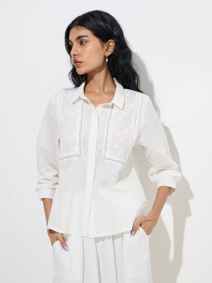 Bombay Paisley Ivory Floral Embroidered Cotton Shirt